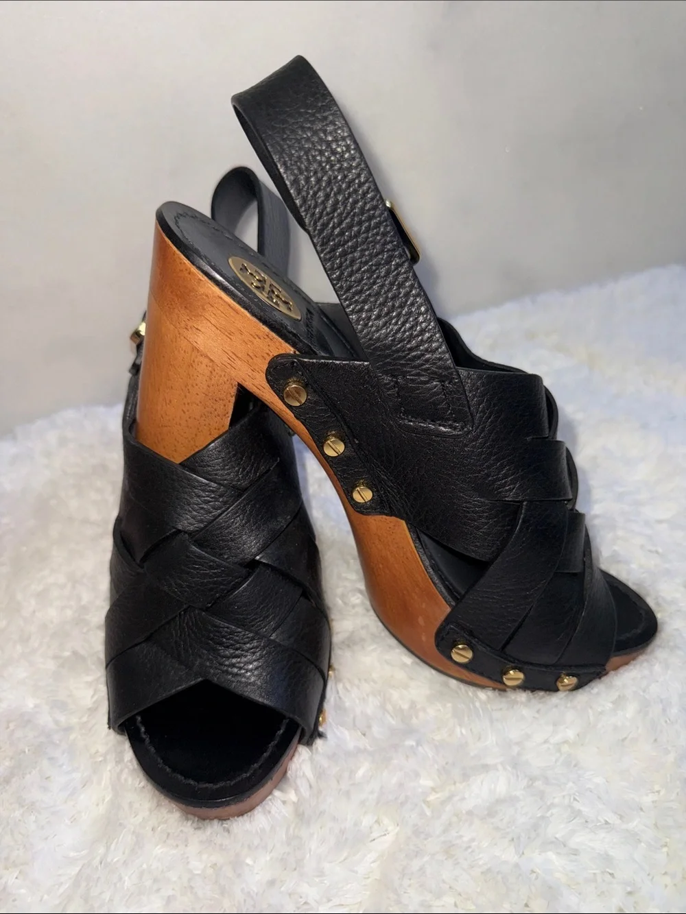Tory Burch Black Leather Woven Slingback Heels with Gold Accents 8 1/2 New